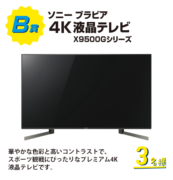 ソニーブラビア4K液晶テレビ X9500Gシリーズ 華やかな色彩と高いコントラストで、スポーツ観戦にぴったりなプレミアム4K液晶テレビです。